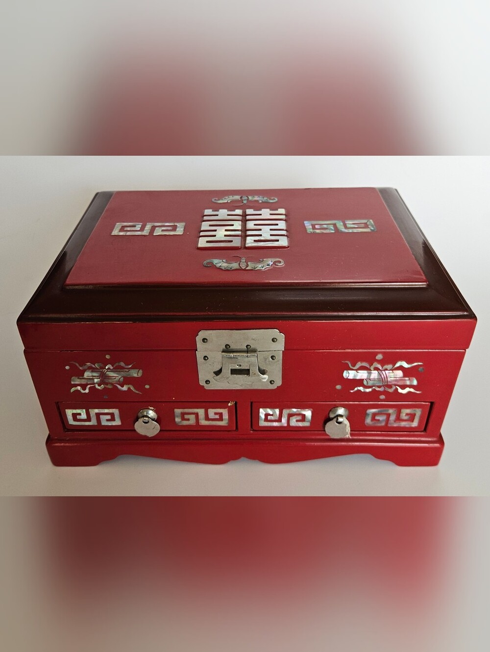Vintage Korean Red Lacquer Jewelry Box Double Happiness 2 Drawers